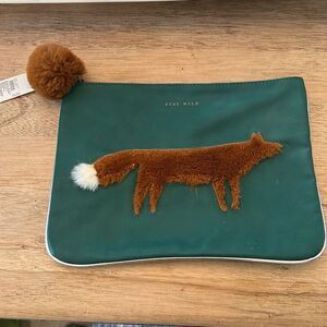 NWT Paper destiny "stay wild" fox fur front green large clutch with pom-pom